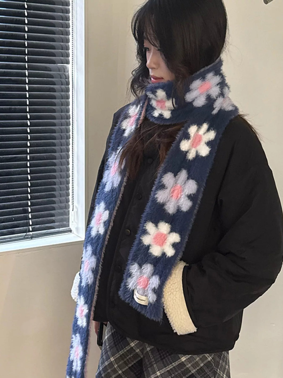Floral Fuzzy Knit Scarf - Lilixa.store