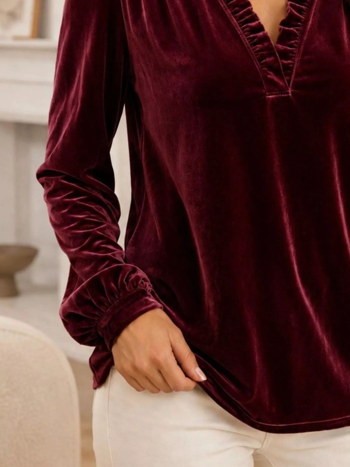 V-Neck Ruffle Trim Velvet Blouse - Lilixa.store