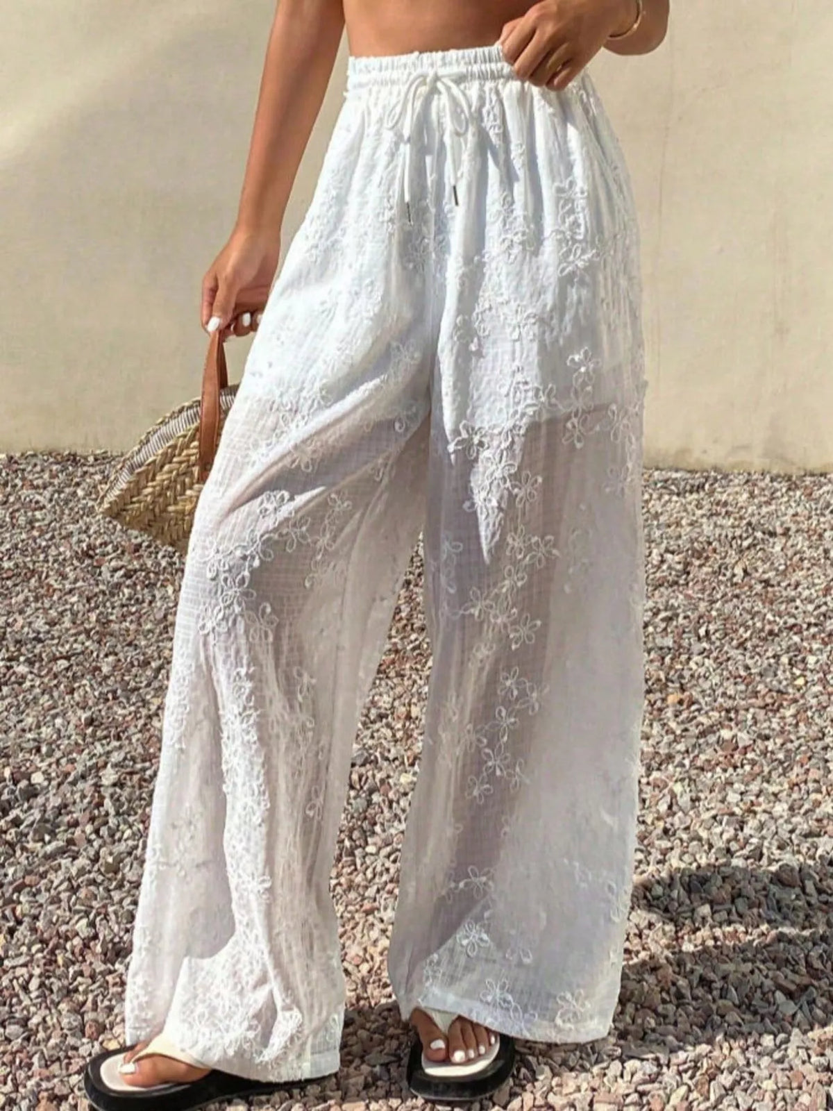 High-Waisted Sheer Floral Embroidered Wide-Leg Pants in White, view 4