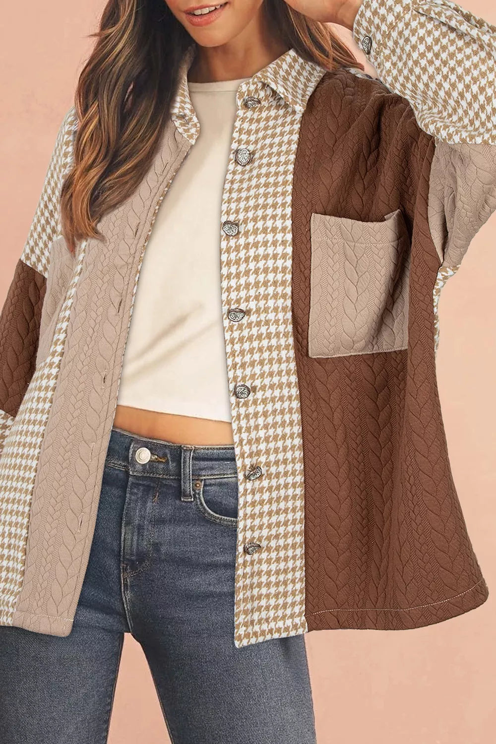 Button Down Houndstooth Color Block Shacket in Brown
