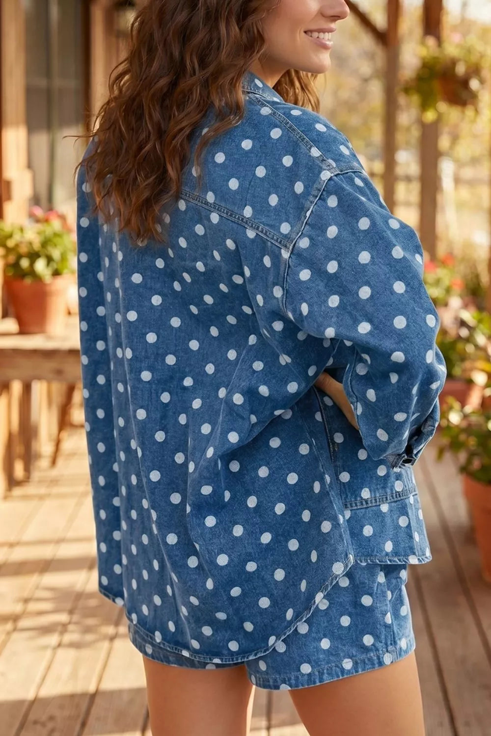 Polka Dot Long Sleeve Collar Shift Tunic Denim Jacket in Dusty Blue, view 4