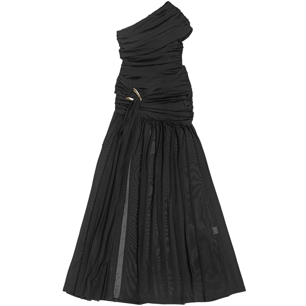 One-Shoulder Ruched High-Slit Evening Dress, view 3