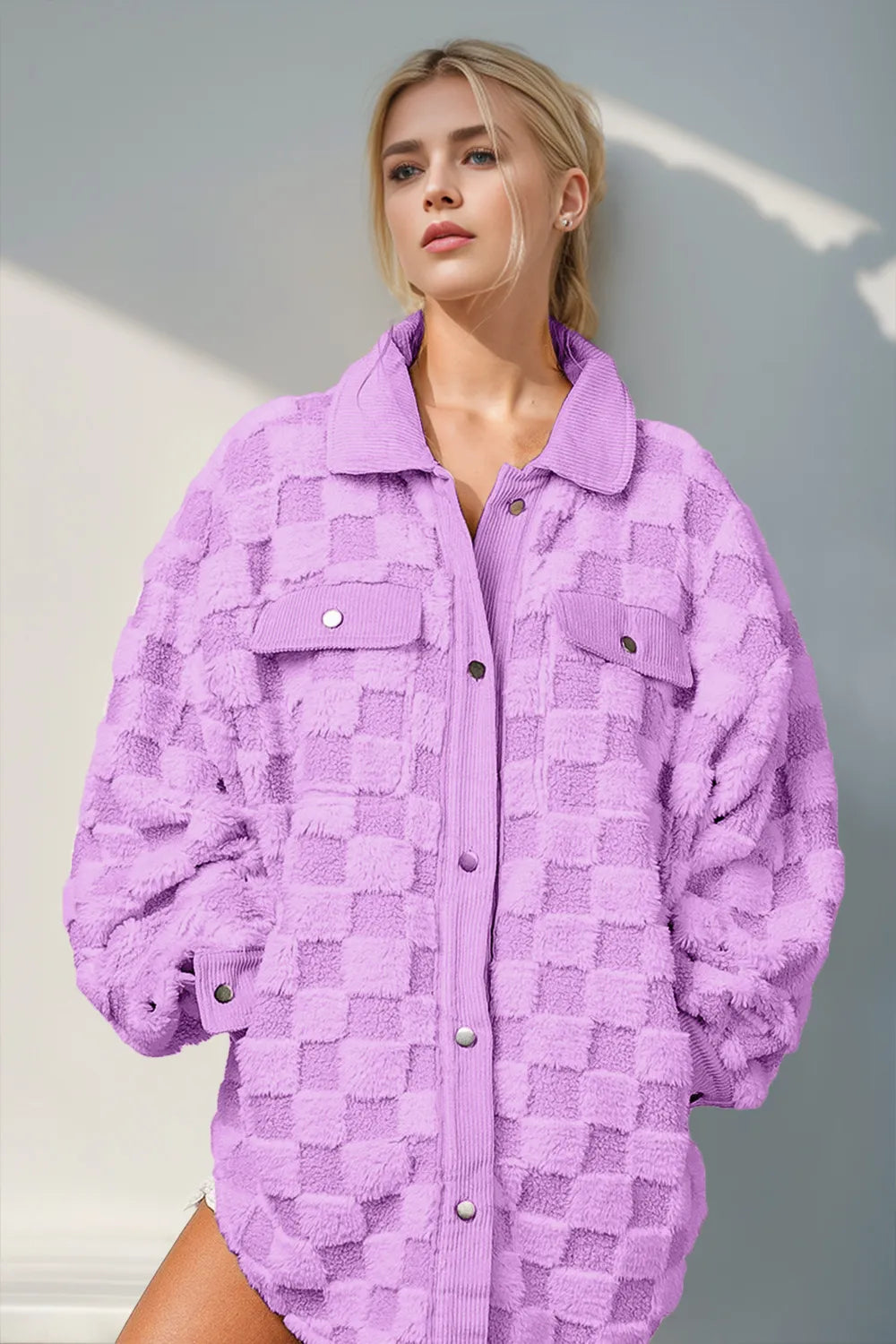 Double Take Button Up Fuzzy Checkered Shacket in Lilac