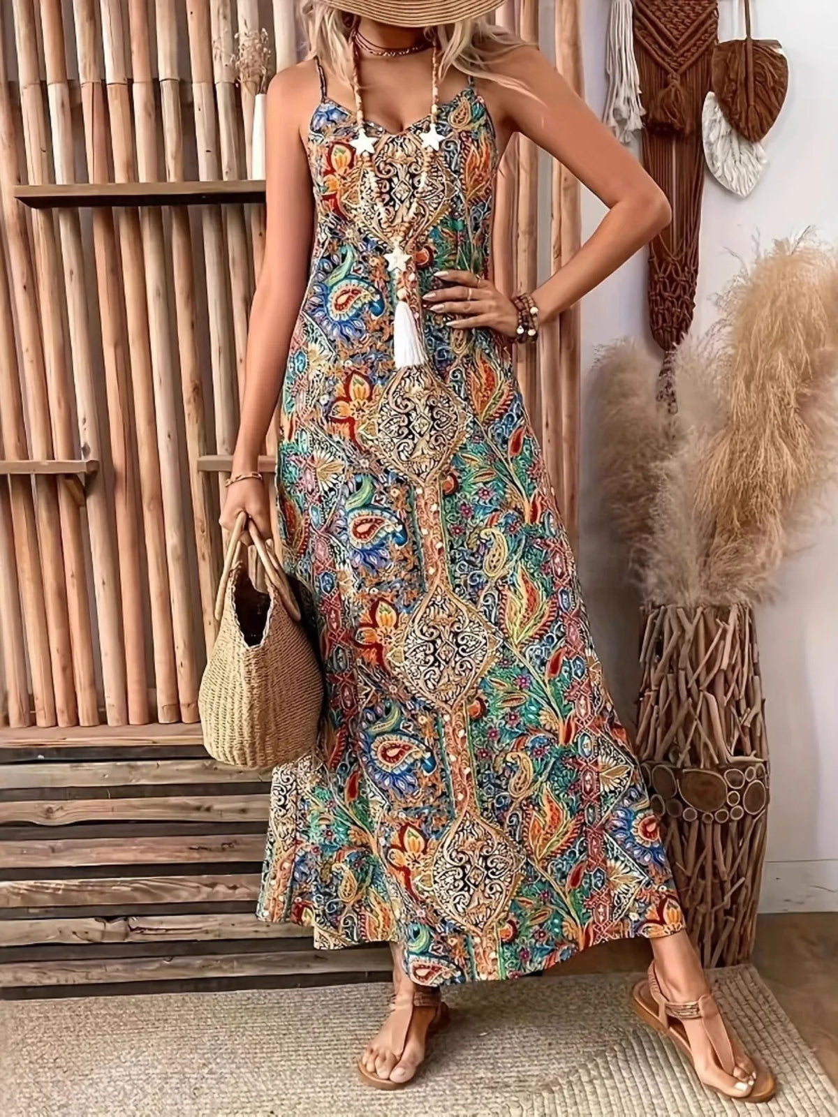 Paisley Print V-Neck Maxi Dress in Turquoise, view 2