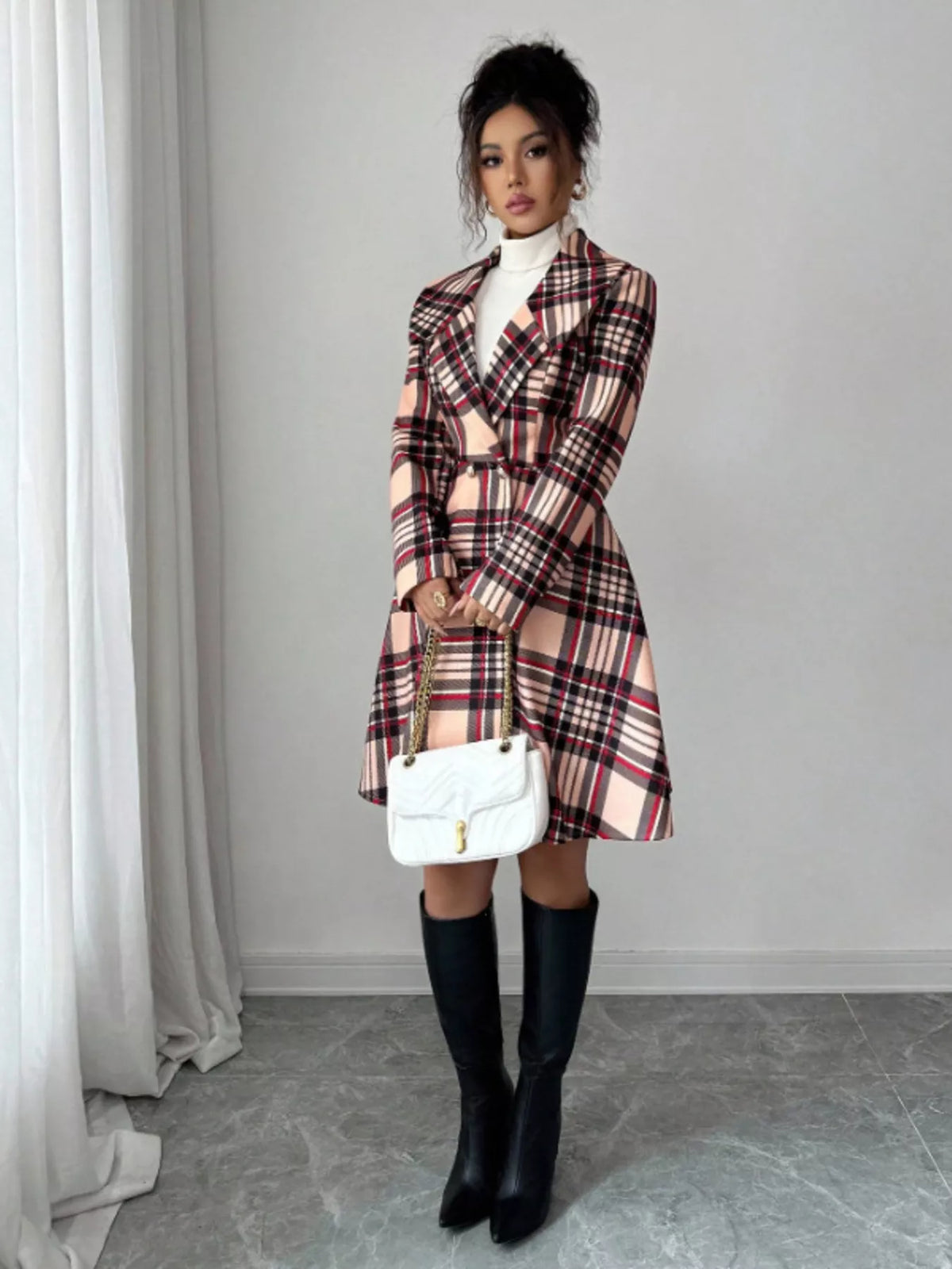 Plaid Button Up Long Sleeve Coat, view 6