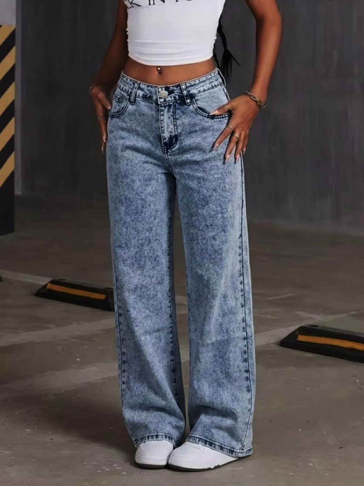 Washed Wide Leg Jeans with Embroidered Bow Detail in Dusty Blue, view 2