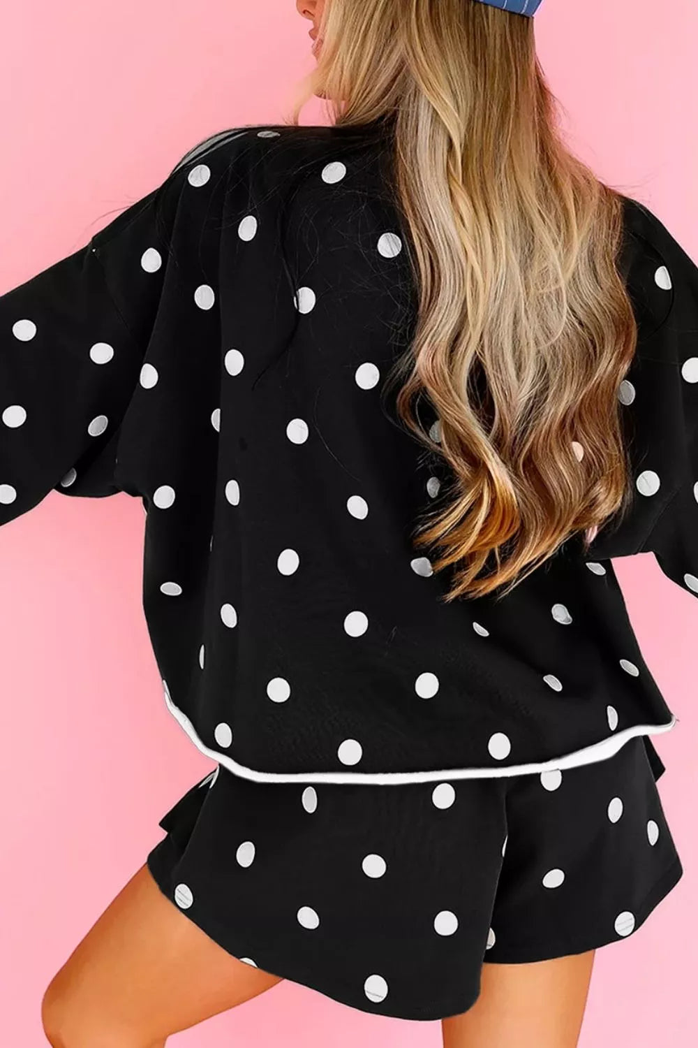 Polka Dot Raw Hem Relaxed Pullover Loose Skort Two Piece Set