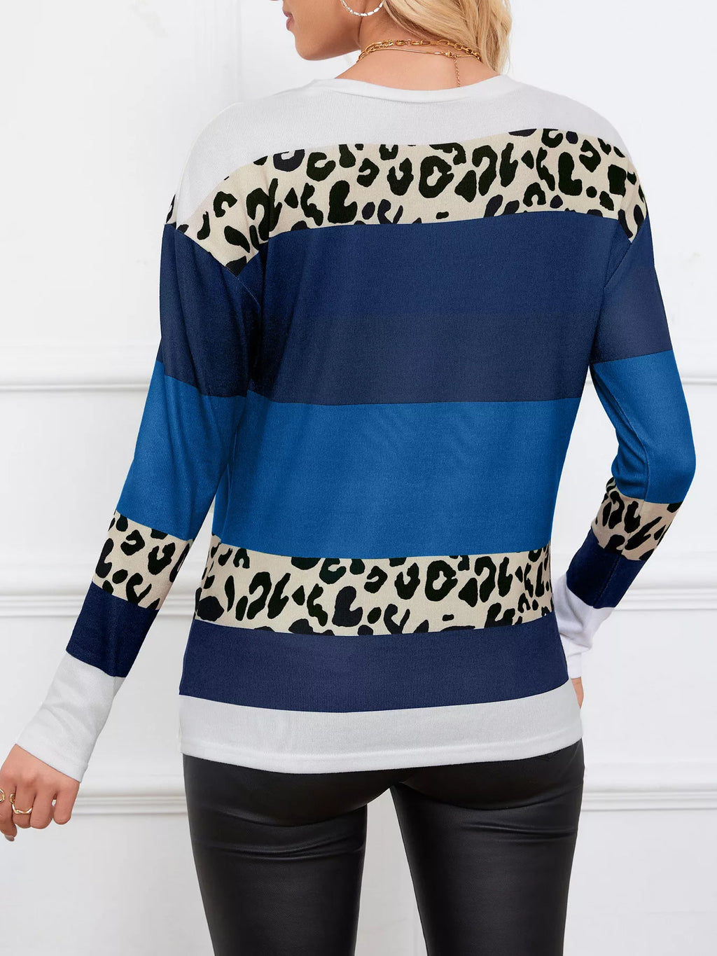 Leopard Color Block Striped Knit Top - Lilixa.store