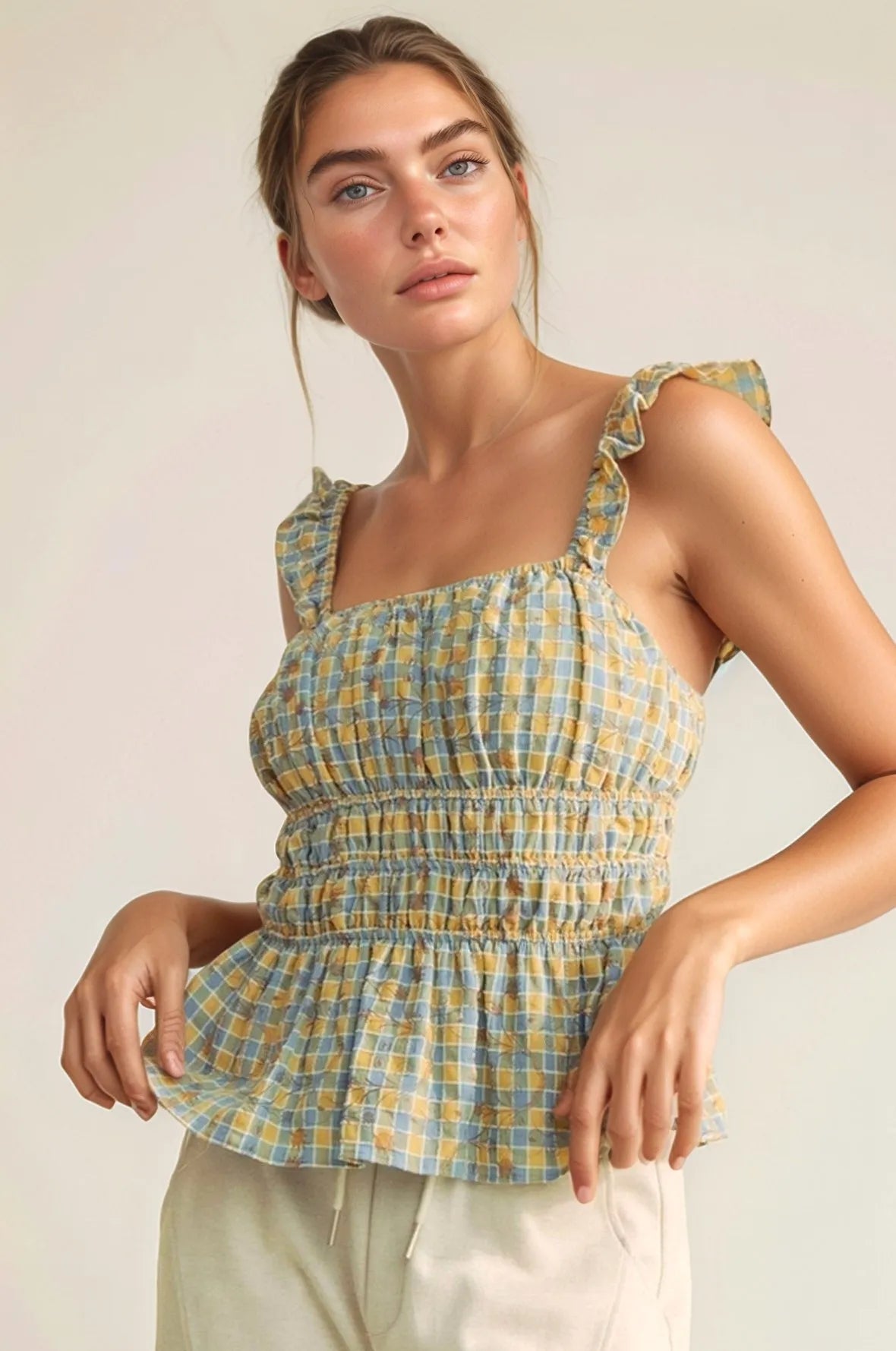 Davi & Dani Plaid Ruffled Strap Smocked Sleeveless Top - Lilixa.store