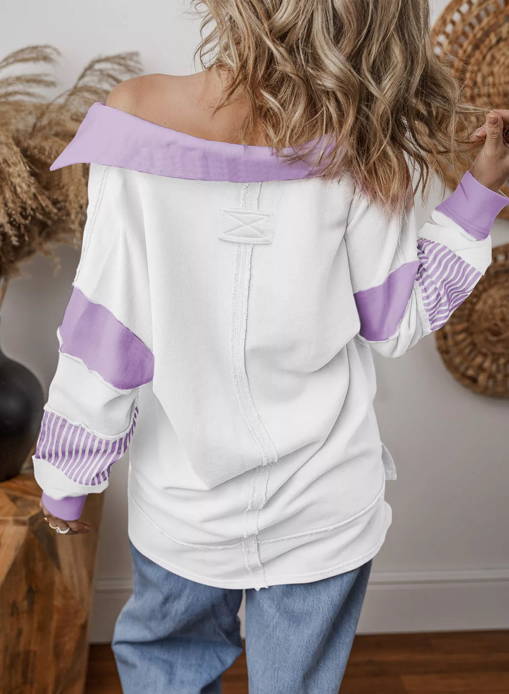 Color Block Striped Johnny Collar Sweatshirt - Lilixa.store