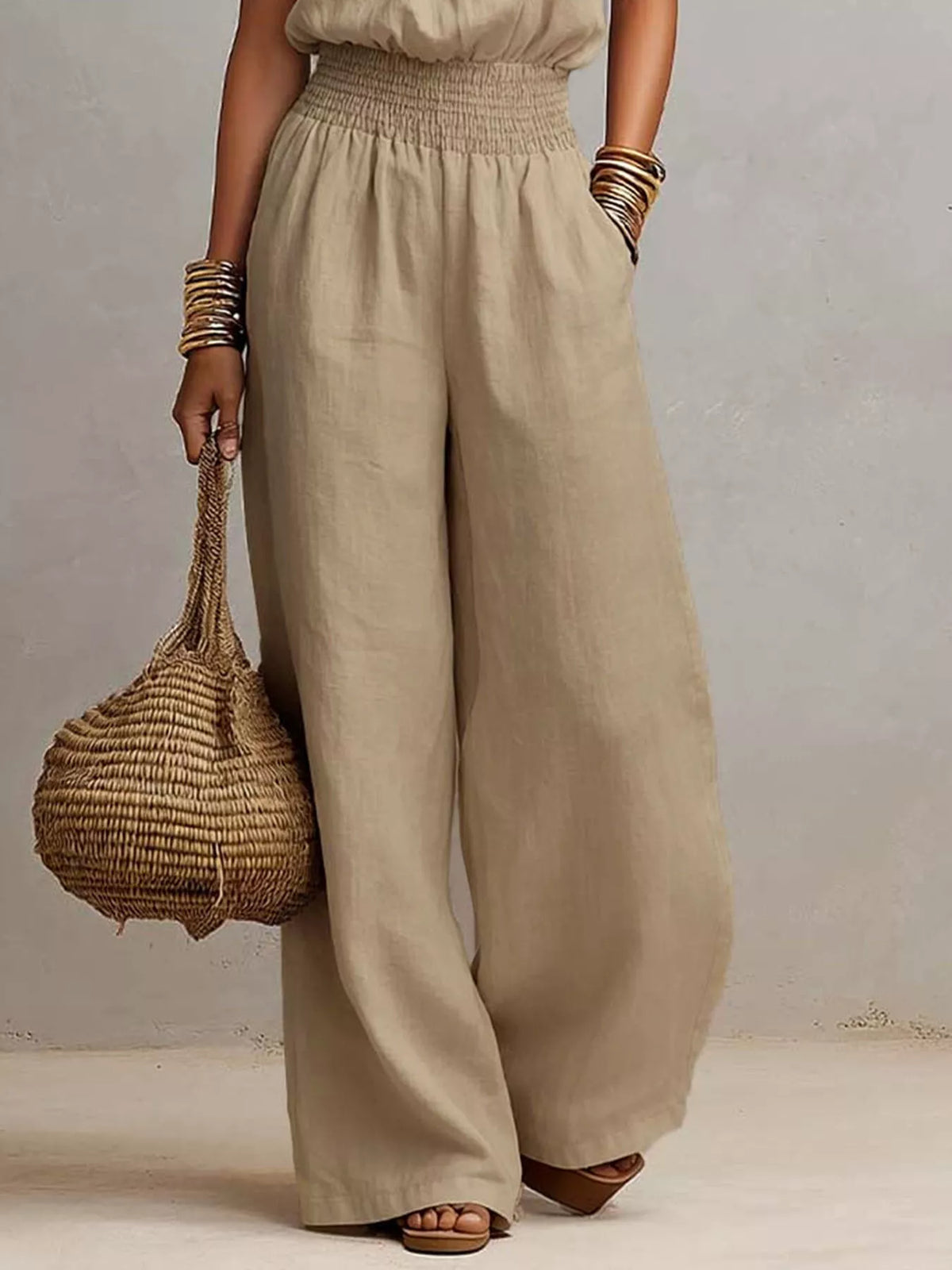 Halter Neck Wide-Leg Jumpsuit with Smocked Waist - Lilixa.store