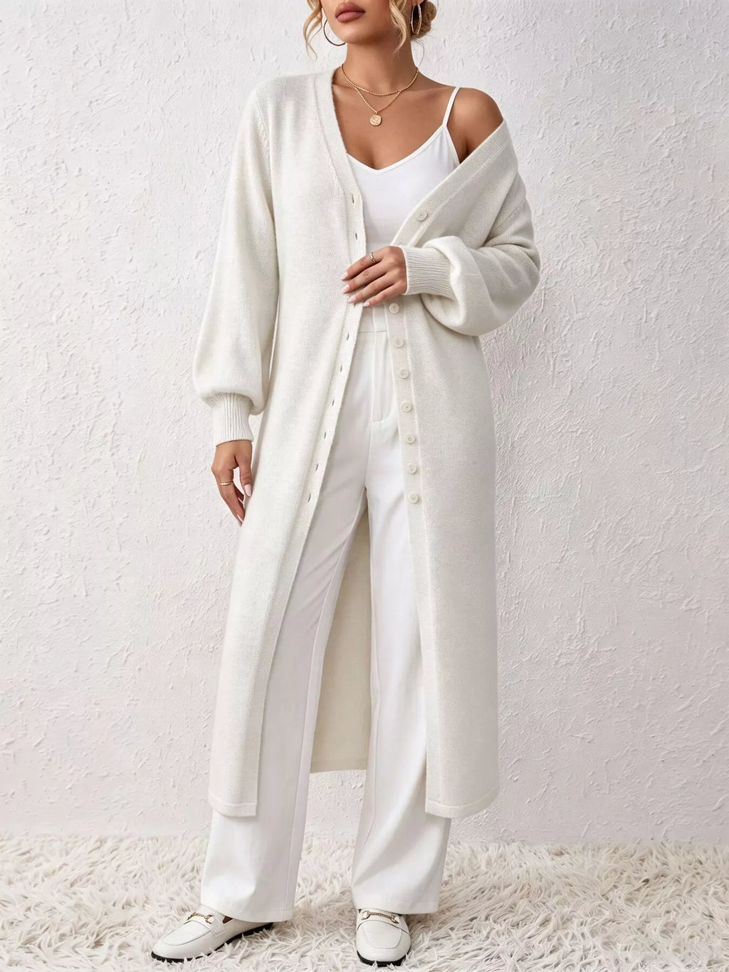 Button Front Long Sleeve Sweater Dress - Lilixa.store