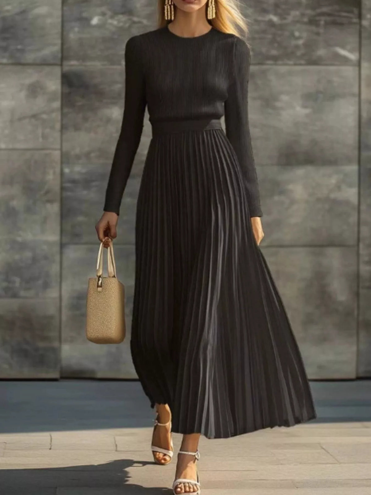 Ribbed Knit Pleated Midi Dress