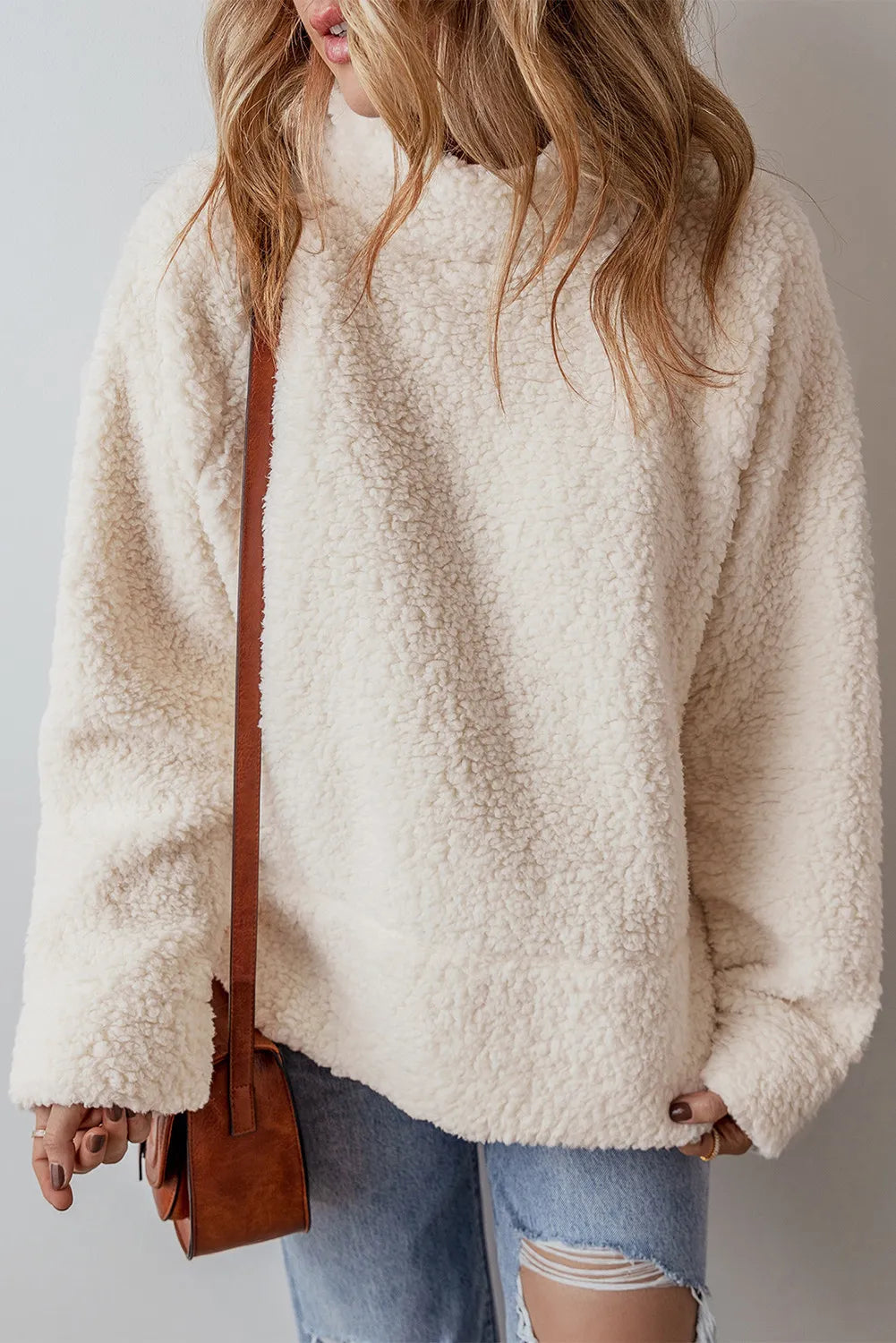 Turtleneck Long Sleeve Slit Fleece Sweatshirt - Lilixa.store