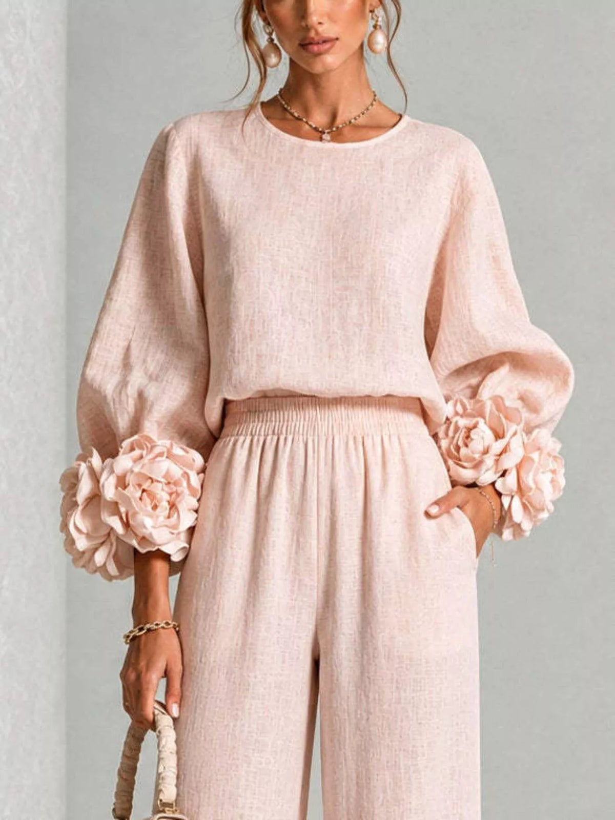 Full Size Floral Cuffs Top and Wide Leg Pants Set Plus Size