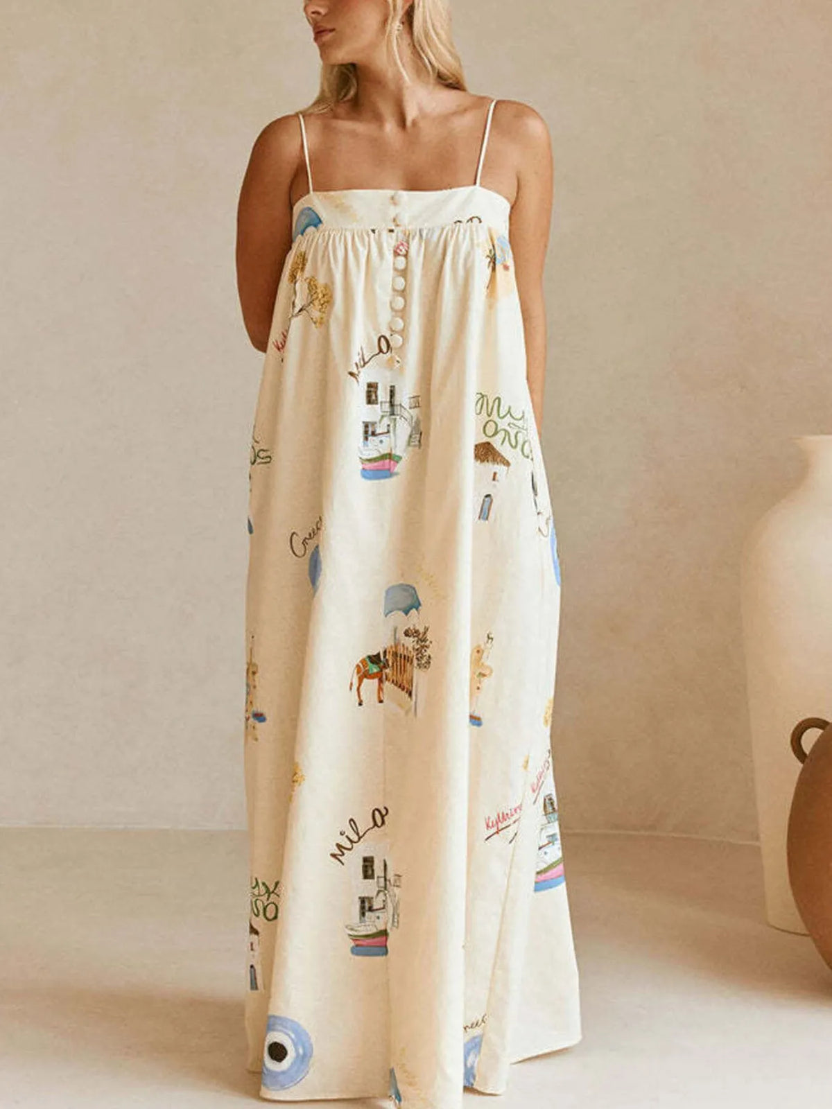 Bohemian Print Cami Maxi Dress with Pockets in Beige, view 4