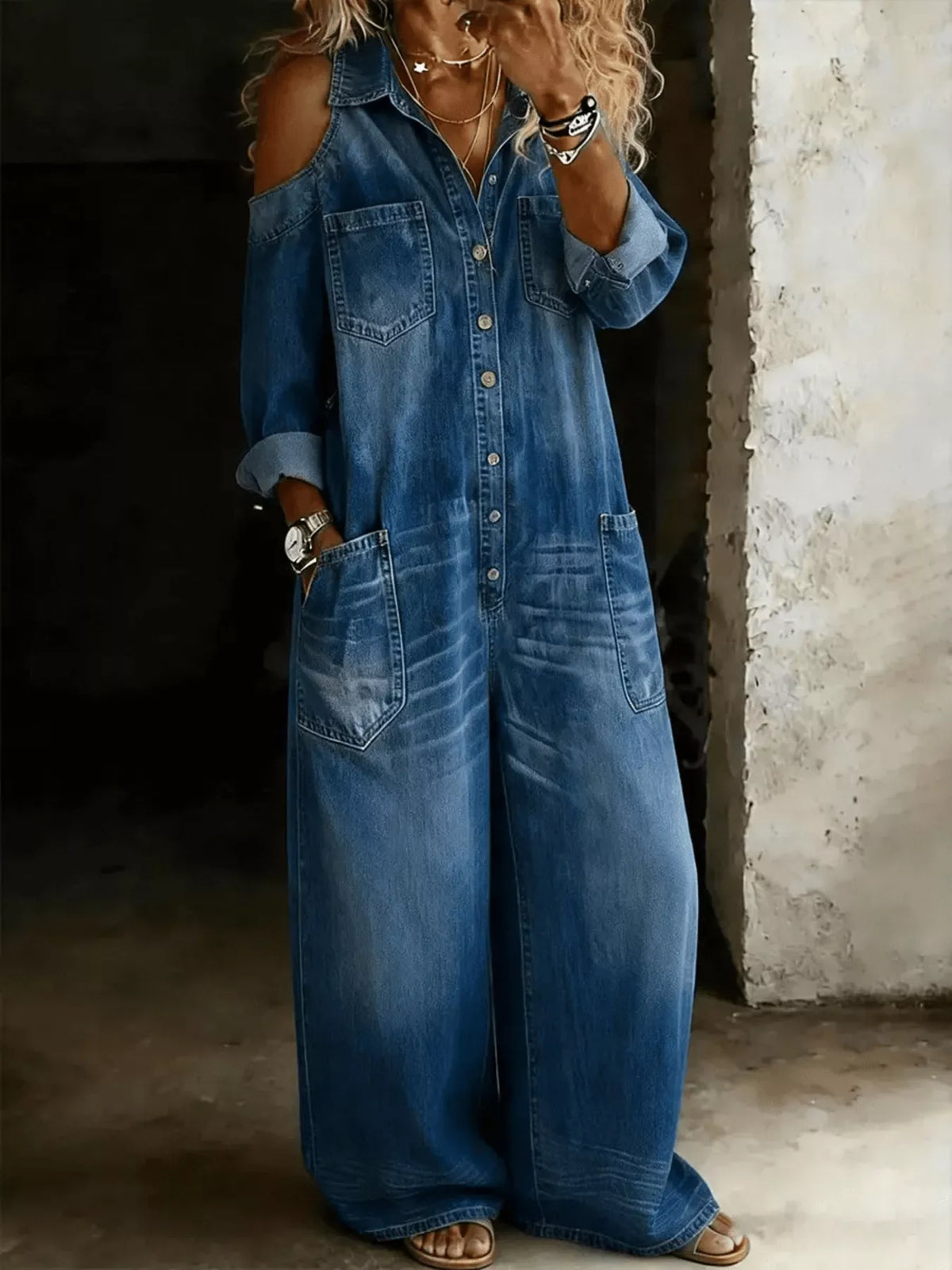 Full Size Cold Shoulder Button Front Denim Jumpsuit Plus Size - Lilixa.store