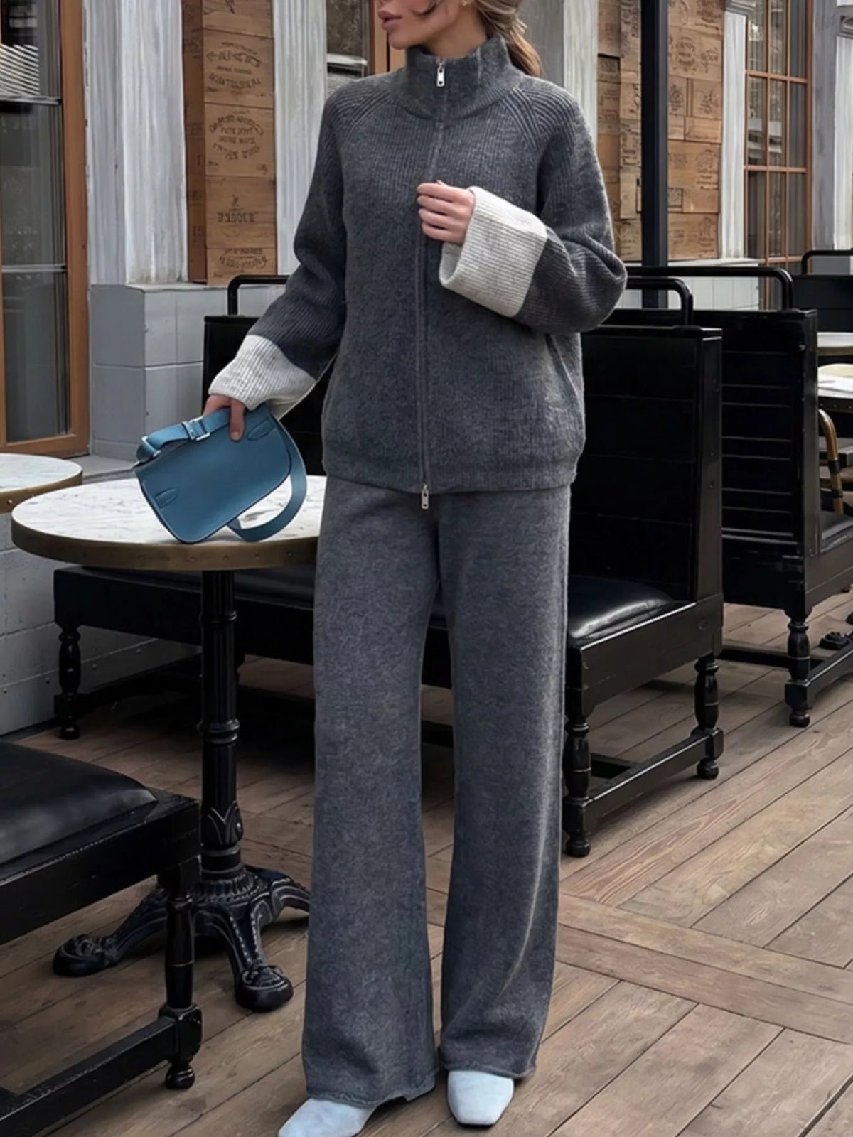 Zip-Up Contrast Cuff Cardigan and Pants Sweater Set in Dark Gray