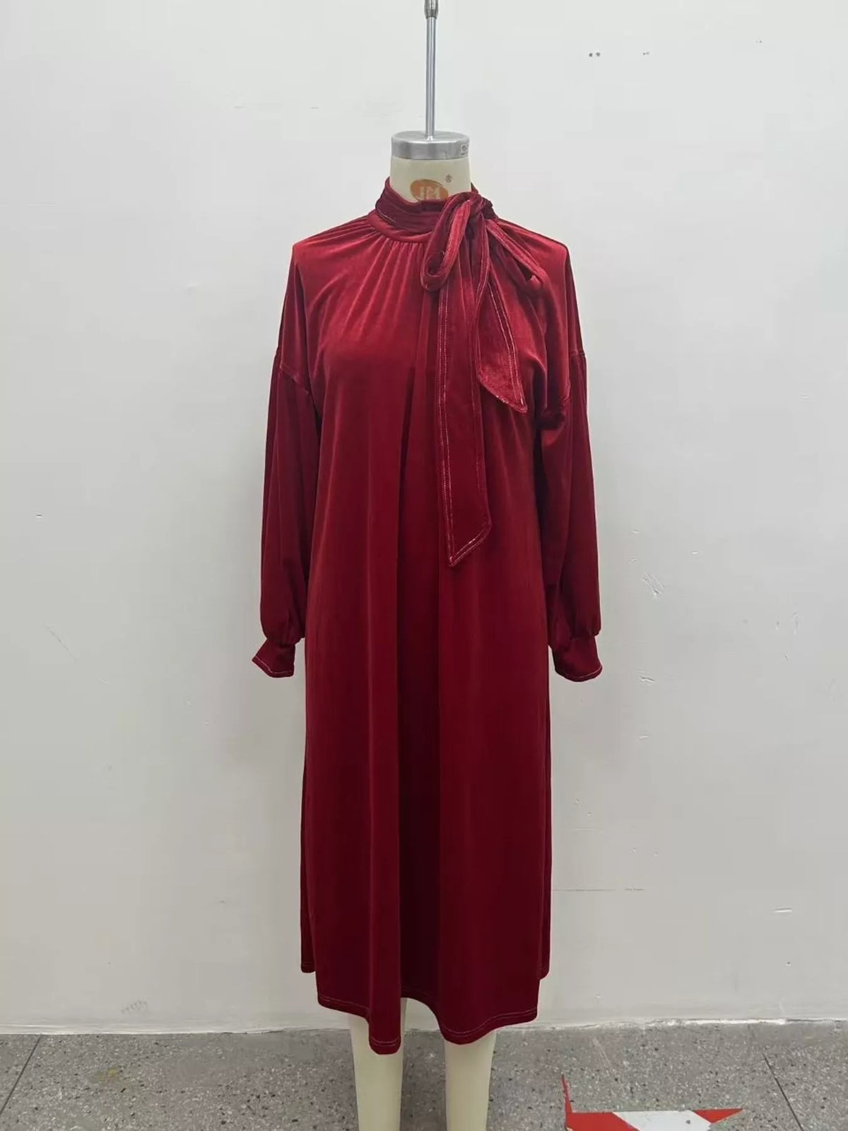 Full Size Velvet Tie-Neck Lantern Sleeve Midi Dress Plus Size - Lilixa.store