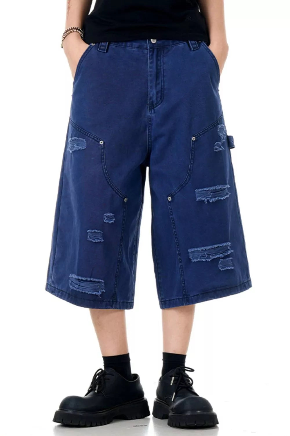 Men's Distressed Wide Leg Shorts in Navy Blue