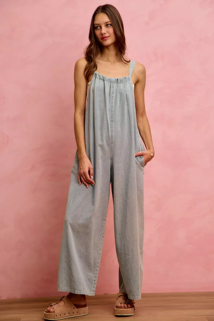 SO ME Wide Leg Lightweight Denim Overalls in Light Denim