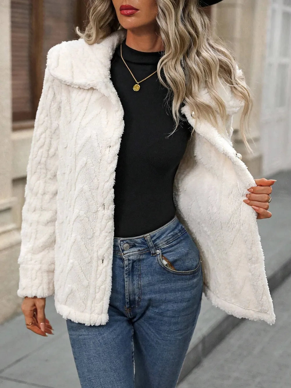 Fuzzy Texture Button Up Collared Neck Coat in Cream, view 4