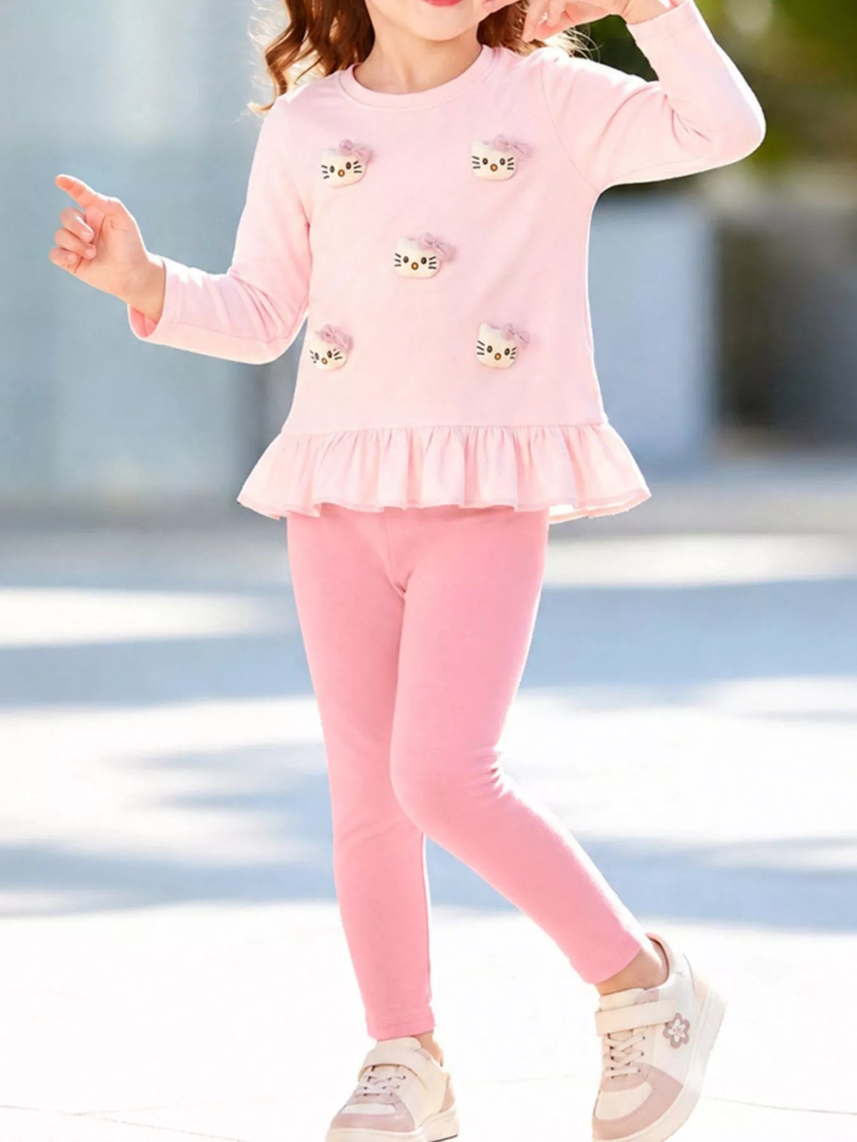 Children's Cat Ruffled Hem Top and Leggings Set - Lilixa.store