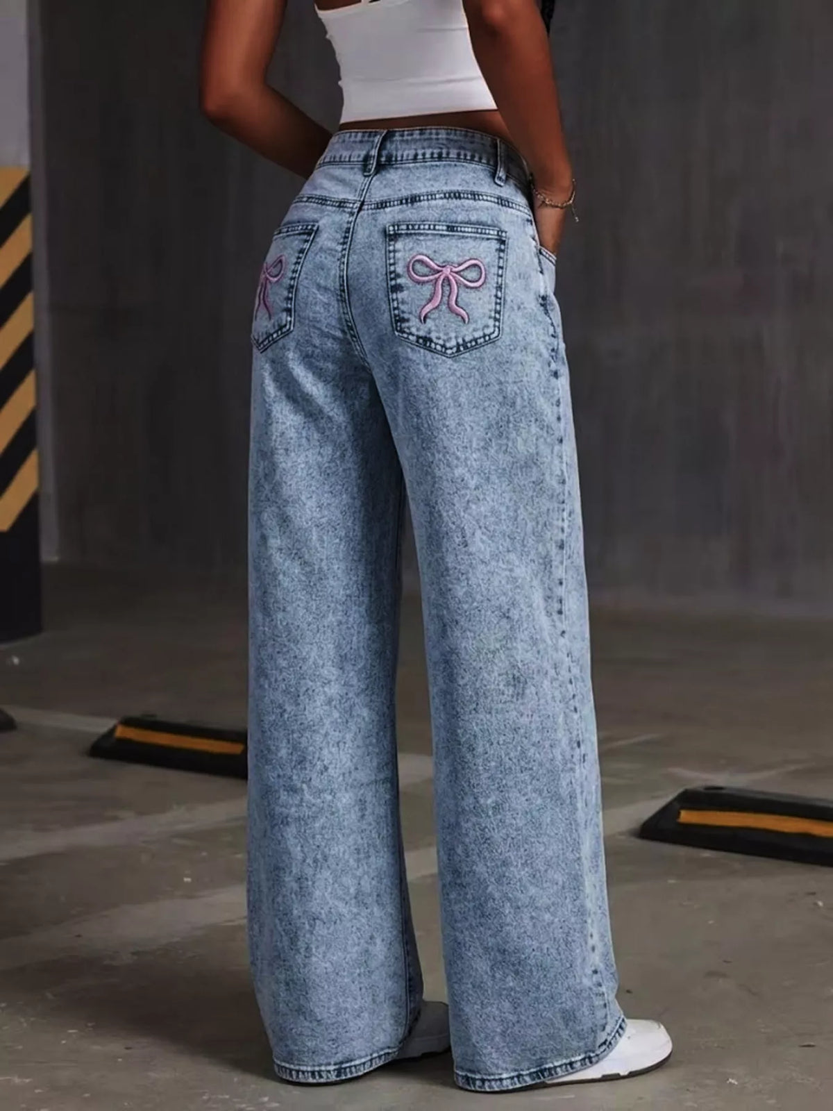 Washed Wide Leg Jeans with Embroidered Bow Detail in Dusty Blue