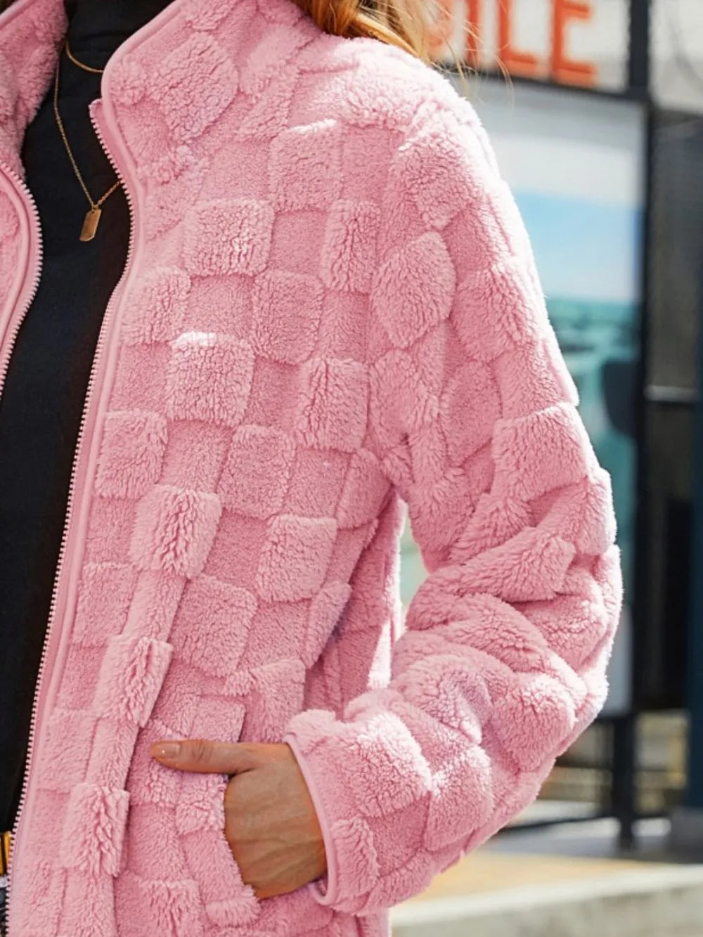 Fuzzy Checkered Zip Up Jacket, view 9