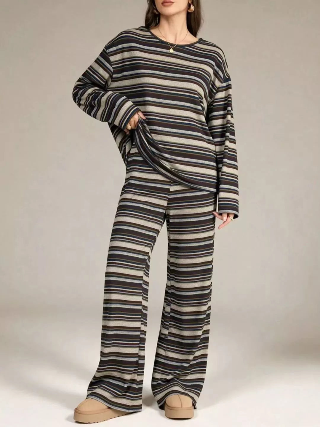 Striped Long-Sleeve Top and Wide-Leg Pants Set - Lilixa.store