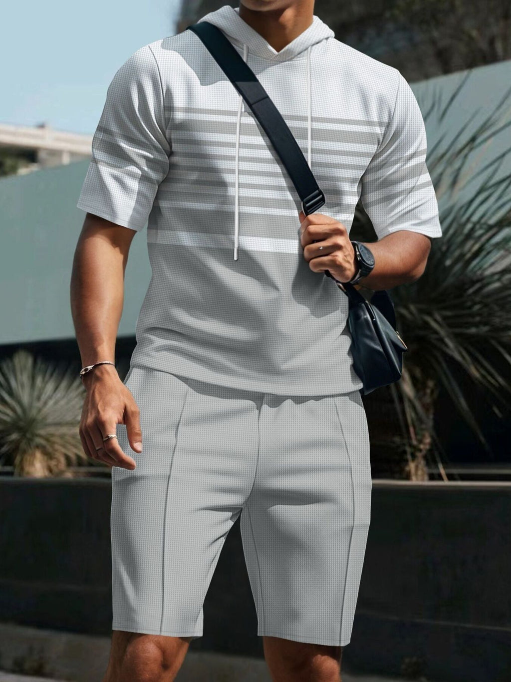Men's Full Size Striped Short Sleeve Hoodie and Shorts Set Plus Size - Lilixa.store