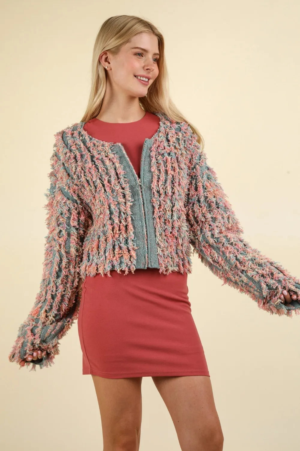 VERY J Shaggy Yarn Knit Zip Up Jacket in Green Multi, view 4