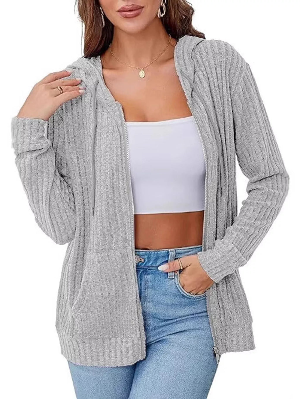 Ribbed Zip Up Hooded Outerwear - Lilixa.store