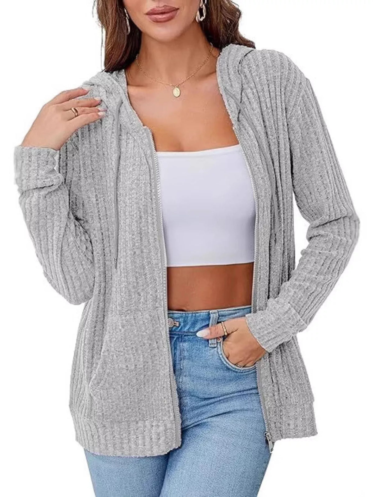 Ribbed Zip Up Hooded Outerwear - Lilixa.store