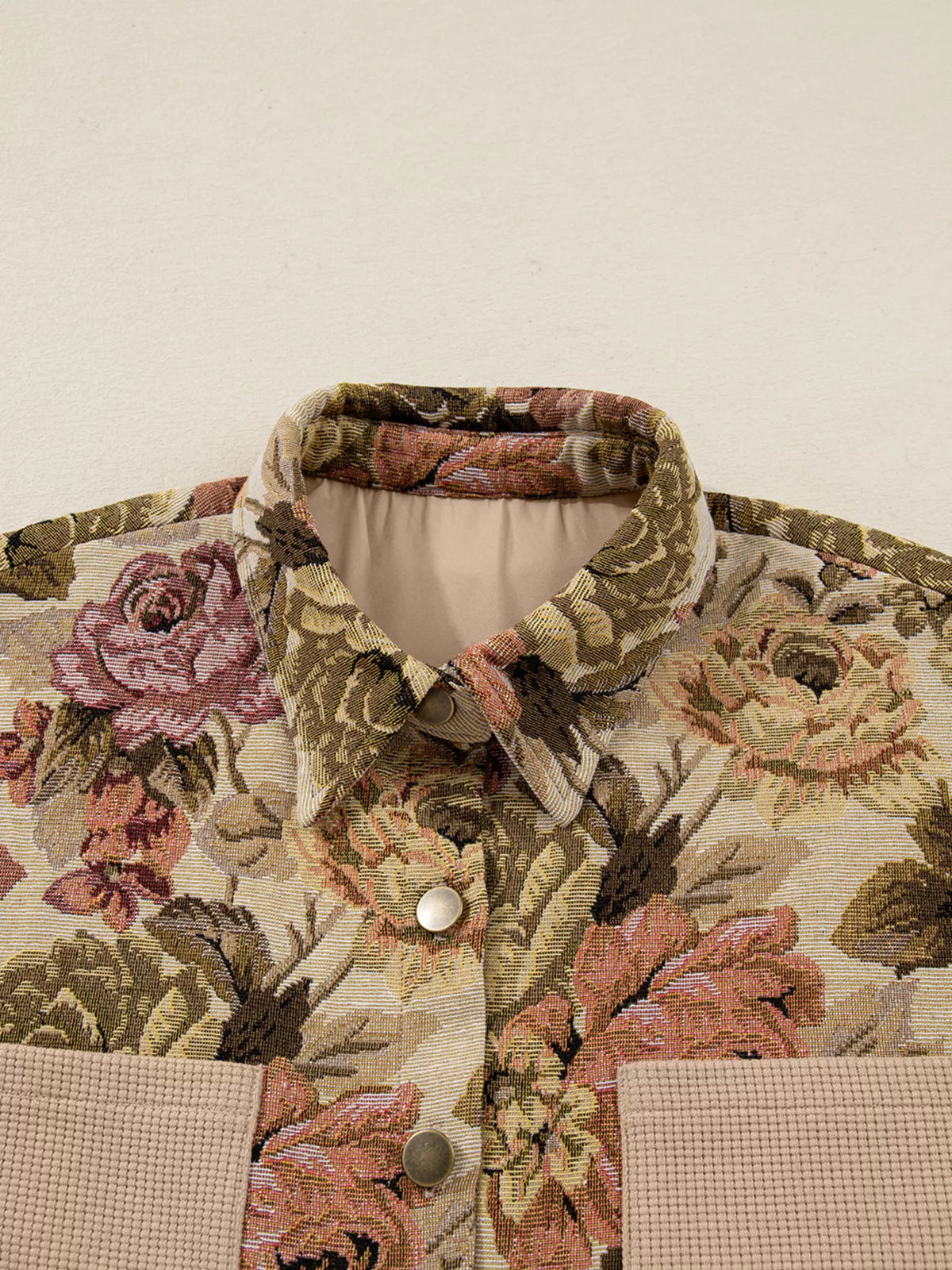 Floral Waffle Knit Patchwork Chest Pockets Buttoned Jacket in Tan, view 8