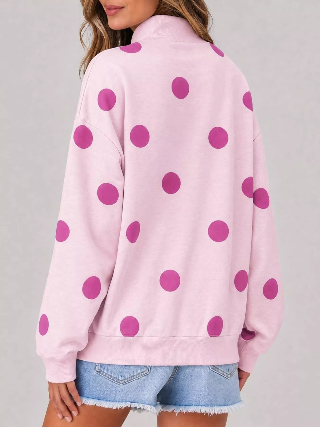 Mock Neck Polka Dot Print Oversized Sweatshirt - Lilixa.store