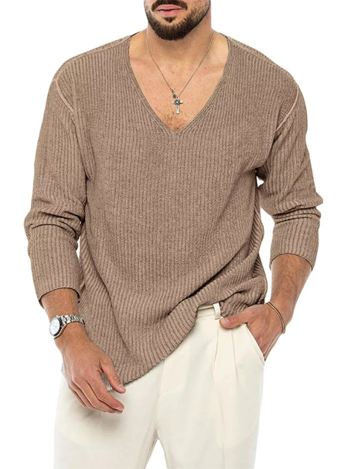 Men's Casual V-Neck Ribbed Knit Sweater - Lilixa.store