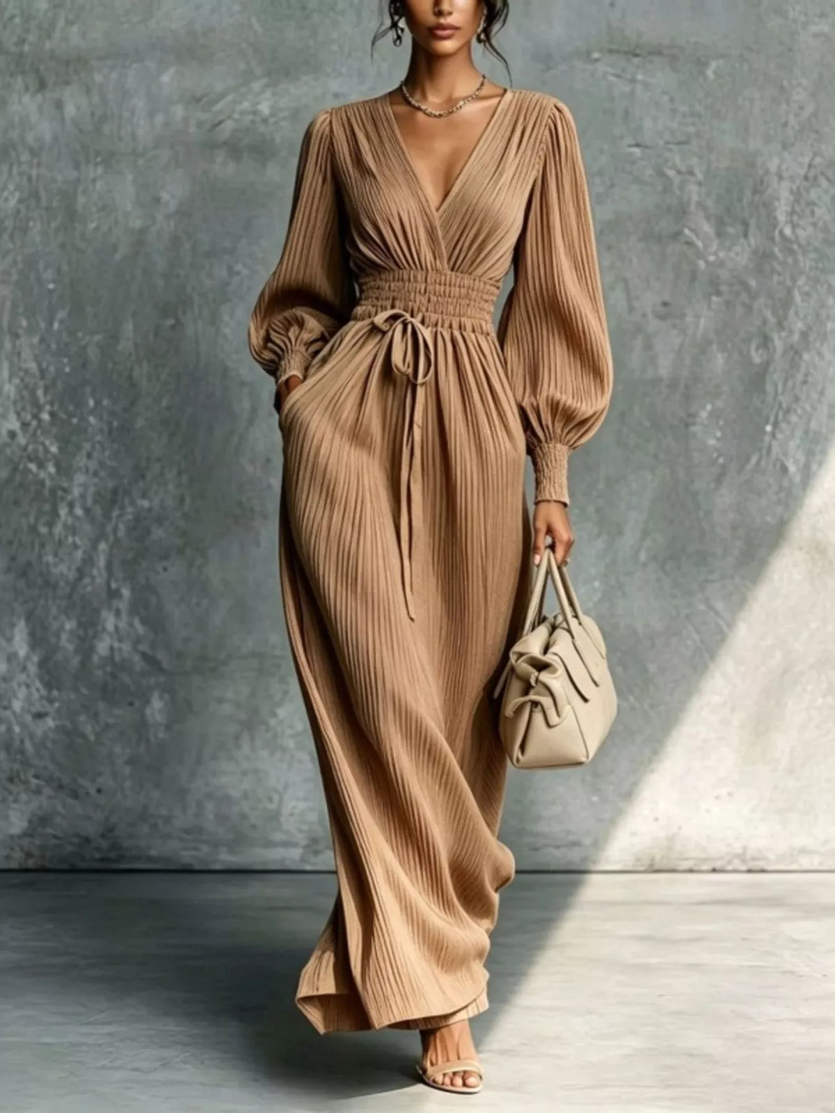 Elegant Pleated V-Neck Maxi Dress with Lantern Sleeves and Tie-Waist in Caramel