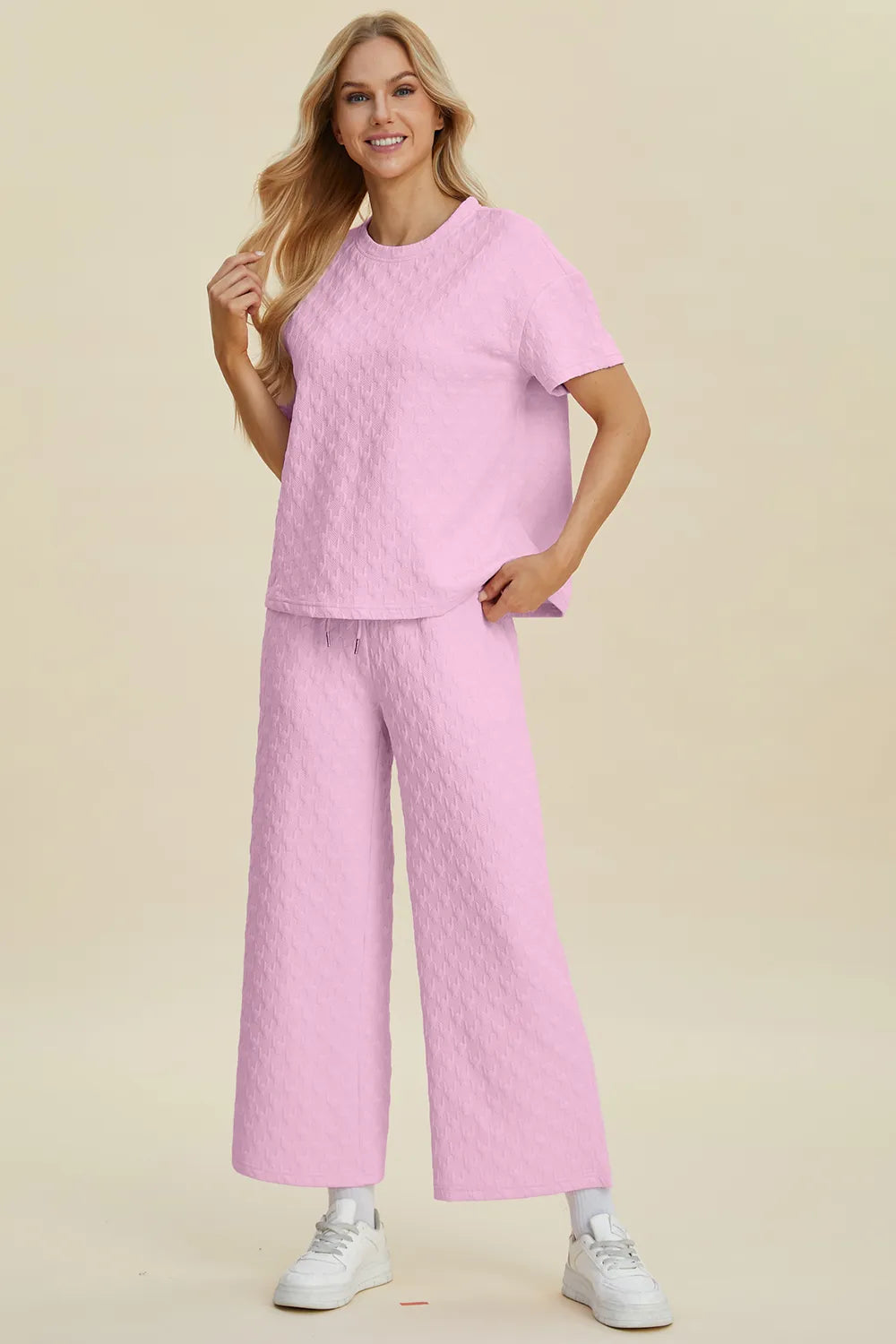 Double Take Full Size Texture Round Neck Short Sleeve Top and Pants Set, view 7
