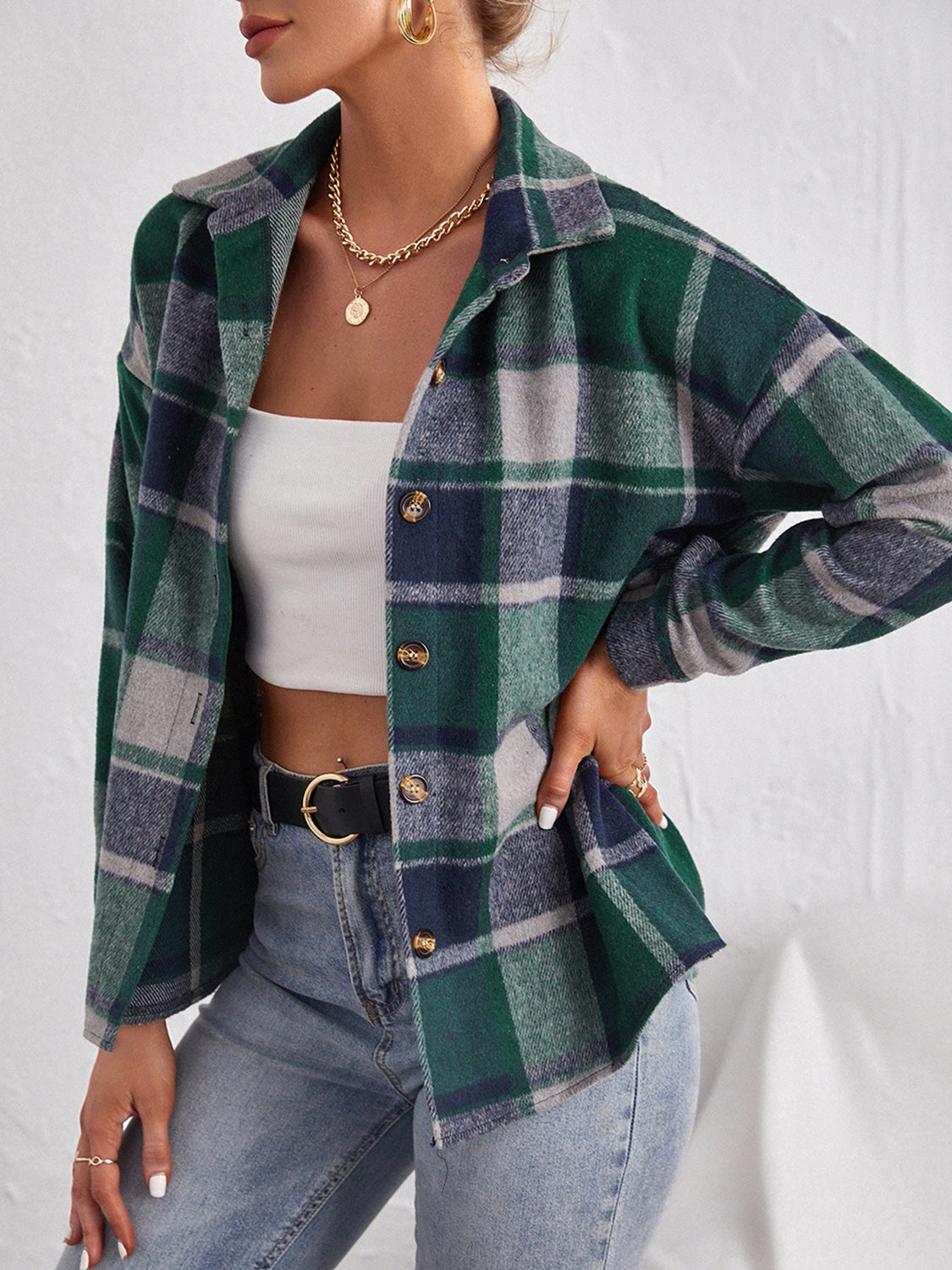 Plaid Collared Neck Button Down Jacket, view 5