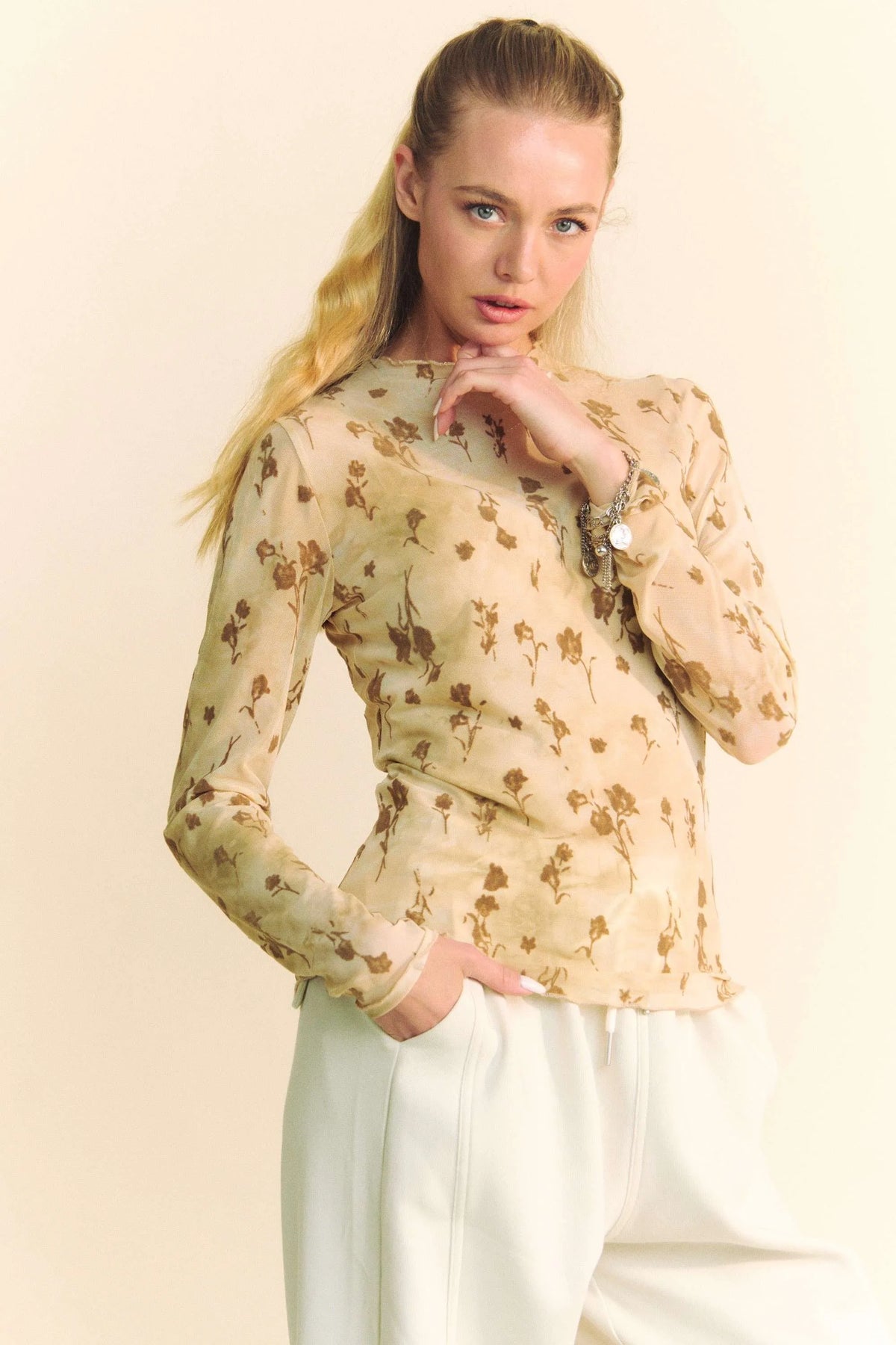 Davi & Dani Floral Mesh Long Sleeve Sheer Layering Top - Lilixa.store