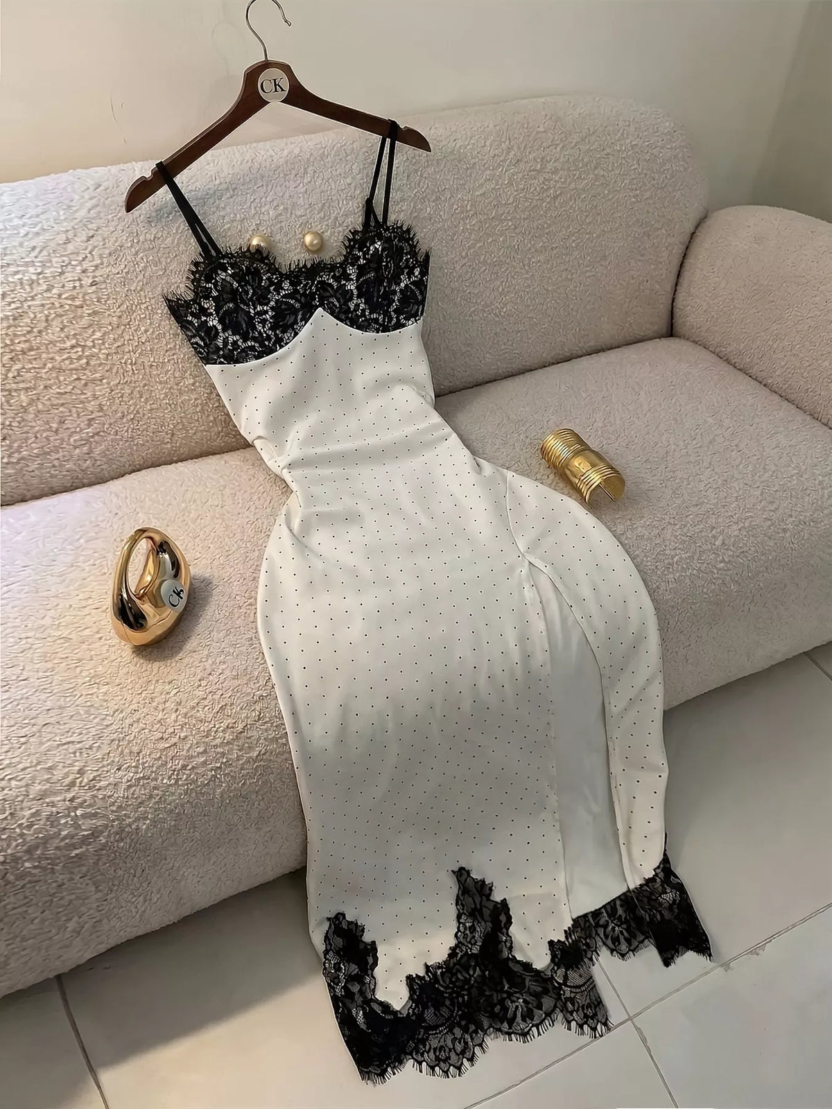 Polka Dot Lace Trim Spaghetti Strap Maxi Dress