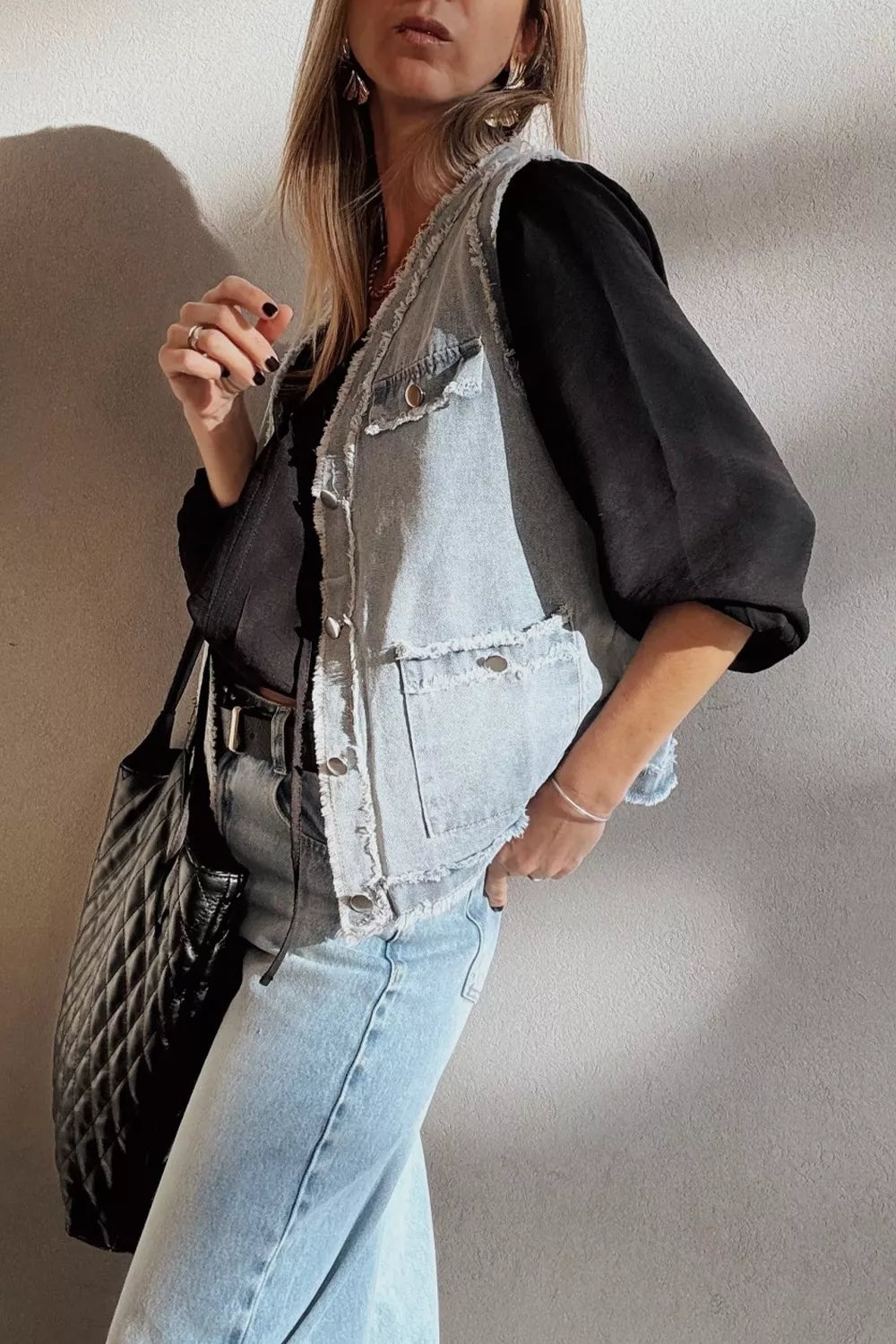 Frayed Edge Flap Pockets Denim Vest Jacket in Light Blue, view 6