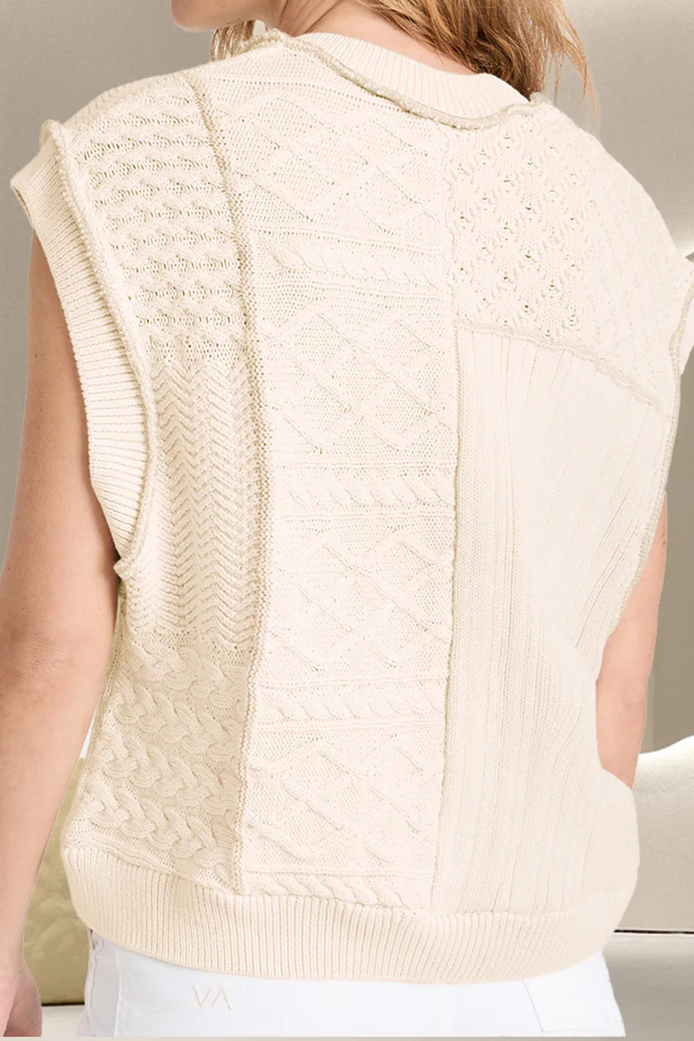 Cable-Knit Round Neck Sweater Vest in Ivory, view 3