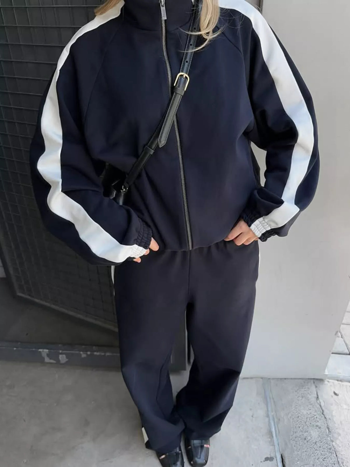 Contrast Side Stripe Zip Up Top and Pants Set - Lilixa.store