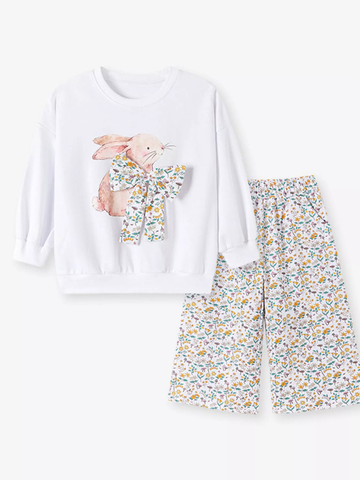 Children's Bunny Graphic Sweatshirt and Floral Wide-Leg Pant Set in White, view 4