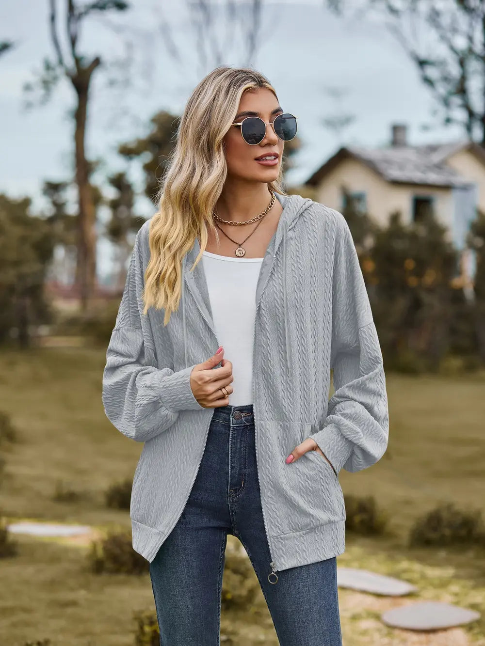 Zip Up Drawstring Long Sleeve Hooded Jacket in Cloudy Blue