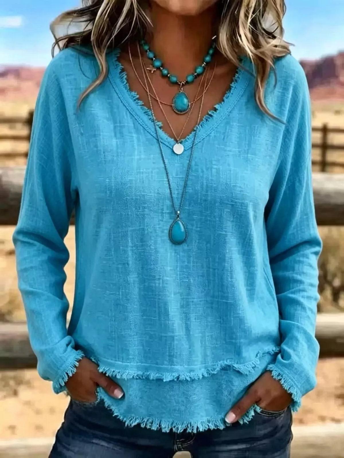 V-Neck Long Sleeve Blouse with Frayed Hem Detail - Lilixa.store