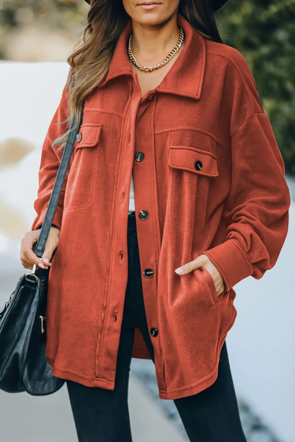 Button Up Collared Neck Long Sleeve Jacket in Orange