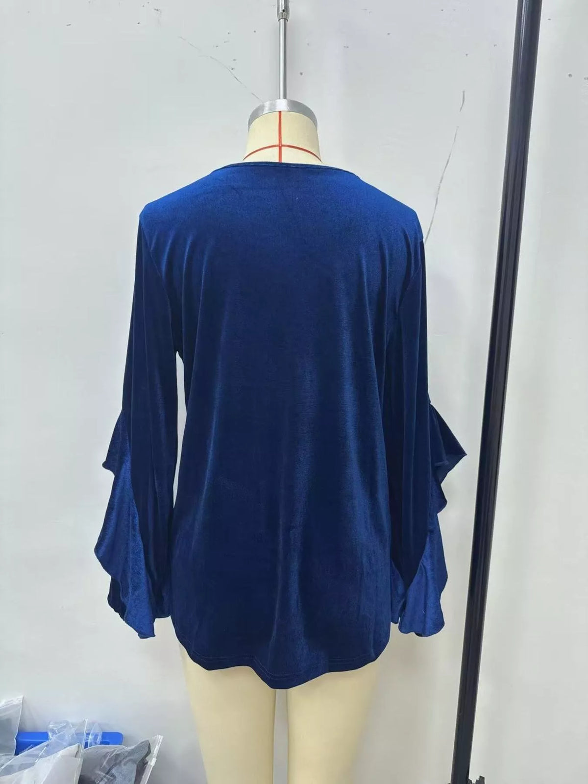Velvet Round Neck Ruffle Sleeve Top